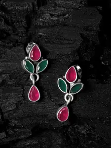 Silvora by Peora Silver-Toned & Red Leaf Shaped Drop Earrings