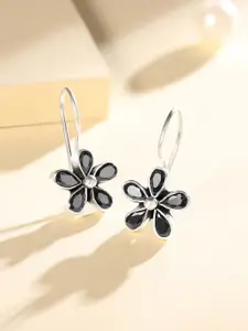Silvora by Peora Silver-Toned & Black Floral Drop Earrings