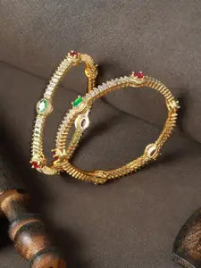 Priyaasi Set Of 2 Gold Plated Red & Green Solitaire AD Studded Bangles