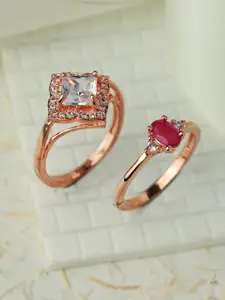 Priyaasi Set Of 2 Rose Gold-Plated White & Pink AD-Studded Adjustable Finger Rings