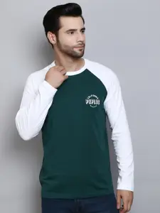 PEPLOS Men White and Green Colourblocked Drop-Shoulder Sleeves T-shirt