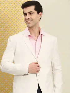 House of Pataudi Jashn Notched Lapel Collar Texturedse Single-Breasted Pure Cotton Blazer