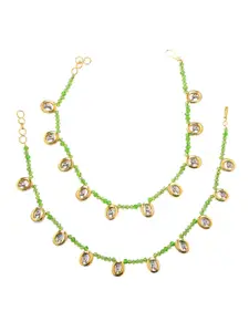 Bamboo Tree Jewels Gold-Plated Green Kundan Studded Anklet