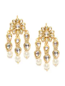 Bamboo Tree Jewels Gold-Plated White Kundan Studded & Pearl Beaded Drop Earrings