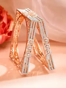 Rubans Set Of 2 Rose Gold Plated Cubic Zirconia Stone Studded Bangle