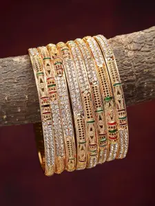 ZENEME Set of 8 Gold-plated Red and Green AD Studded Meenakari Bangles