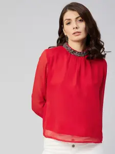 Marie Claire Women Red Chiffon Jewel neck Top