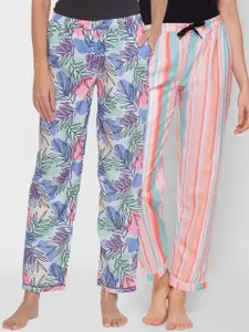 FashionRack Women Pack of 2 Blue & Peach Colored Printed Color Lounge Pants