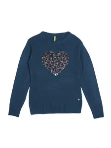 Gini and Jony Girls Blue Printed Sweater Vest with Embroidered Detail