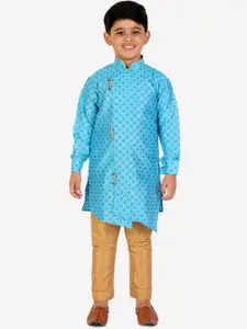 Pro-Ethic STYLE DEVELOPER Boys Turquoise Blue Pleated Pure Silk Kurta with Pyjamas
