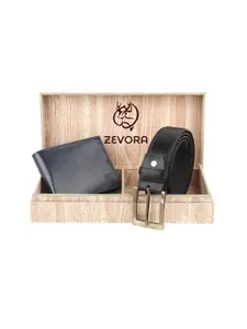 ZEVORA Men Black Solid Belt and Blue Wallet Accessory Gift Set