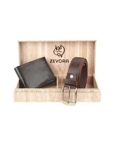 ZEVORA Men Brown Textured Belt And Black Wallet Accessory Gift Set