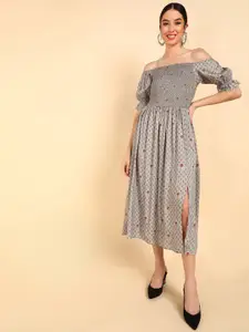 AHIKA Taupe Floral Off-Shoulder Midi Dress