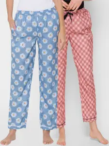 FashionRack Women Pack of 2 Blue & Peach Colored Printed Cotton Lounge Pants