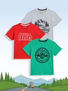 Ruggers Junior Boys Green & Grey Melange Set Of 3 Typography Print Feel Good T-shirts