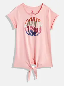 U.S. Polo Assn. Kids Girls Brand Logo Glitter Printed Pure Cotton Knotted T-shirt