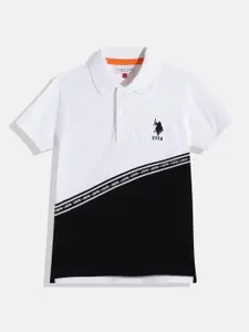 U.S. Polo Assn. Kids Boys White & Black Colourblocked Pure Cotton Polo Collar T-shirt