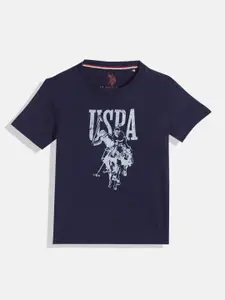 U.S. Polo Assn. Kids Boys Navy Blue Brand Logo Printed Pure Cotton T-shirt
