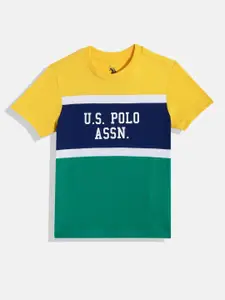 U.S. Polo Assn. Kids Boys Yellow & Green Colourblocked Pure Cotton T-shirt
