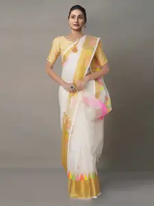 Unnati Silks Cream-Coloured & Pink Woven Design Zari Silk Cotton Jamdani Saree
