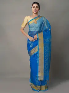 Unnati Silks Blue & Gold-Toned Ethnic Motifs Zari Silk Cotton Jamdani Saree