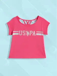 U.S. Polo Assn. Kids Girls Pink Brand Logo Printed Pure Cotton T-shirt