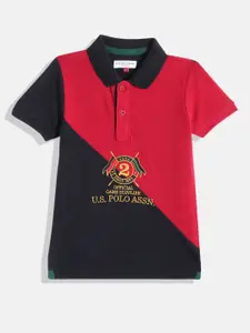 U.S. Polo Assn. Kids Boys Red & Navy Blue Colourblocked Pure Cotton Polo Collar T-shirt