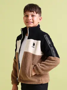 U.S. Polo Assn. Kids Boys Brown & Off-White Colourblocked Sherpa Jacket