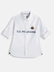 U.S. Polo Assn. Kids Boys Off-White Brand Logo Embroidered Pure Cotton Casual Shirt