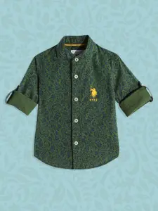 U.S. Polo Assn. Kids Boys Olive Green Floral Printed Pure Cotton Casual Shirt