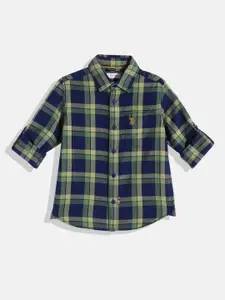 U.S. Polo Assn. Kids Boys Green Checked Pure Cotton Casual Shirt