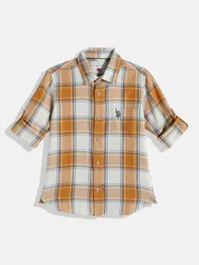 U.S. Polo Assn. Kids Boys Brown & White Checked Pure Cotton Casual Shirt
