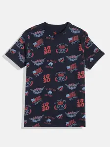 U.S. Polo Assn. Kids Boys Navy Blue & Red Brand Logo Print Round Neck Pure Cotton T-shirt