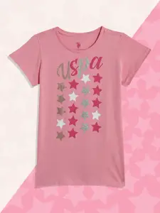 U.S. Polo Assn. Kids Girls Pink Brand Logo Printed Pure Cotton T-shirt