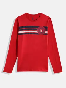 U.S. Polo Assn. Kids Boys Red & Navy Blue Striped Pure Cotton T-shirt