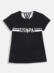 U.S. Polo Assn. Kids Girls Brand Logo Print Cut-Out Pure Cotton Styled Back Top