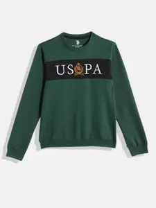 U.S. Polo Assn. Kids Boys Green Brand Logo Printed Round Neck Sweatshirt