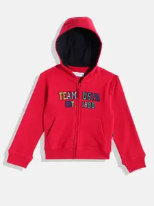 U.S. Polo Assn. Kids Boys Red Brand Logo Self Design Hooded Sweatshirt