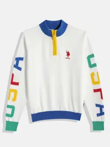 U.S. Polo Assn. Kids Boys White & Blue Pure Cotton Pullover With Print Detail