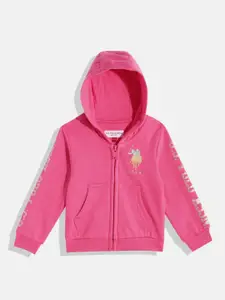 U.S. Polo Assn. Kids Girls Fuchsia Brand Logo Printed Hooded Sweatshirt