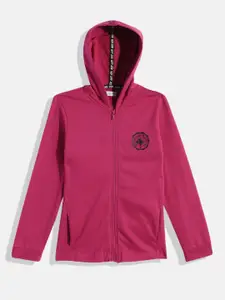 U.S. Polo Assn. Kids Girls Magenta Pink Hooded Front-Open Sweatshirt With Brand Logo Print
