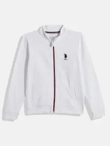 U.S. Polo Assn. Kids Boys White Alphanumeric Back Self Design Front-Open Sweatshirt
