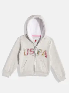 U.S. Polo Assn. Kids Girls Grey Melange Brand Logo Printed Hooded Sweatshirt