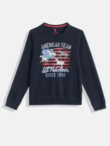 U.S. Polo Assn. Kids Boys Navy Blue Typography Printed Pure Cotton Round Neck Sweatshirt