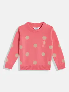 U.S. Polo Assn. Kids Girls Coral Pink Polka Dots Printed Pure Cotton Pullover