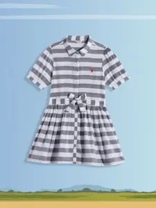 U.S. Polo Assn. Kids Girls White & Grey Striped Pure Cotton A-Line Shirt Dress