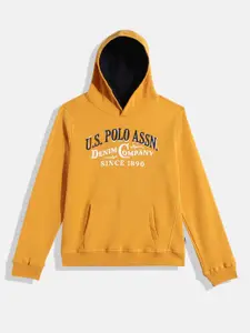 U.S. Polo Assn. Kids Boys Yellow Brand Logo Print & Embroidered Hooded Sweatshirt
