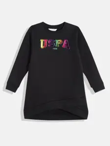 U.S. Polo Assn. Kids Girls Brand Logo Print Cuffed Sleeves Knitted T-shirt Dress