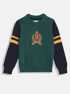 U.S. Polo Assn. Kids Boys Green & Navy Blue Colourblocked Pullover with Embroidered Detail