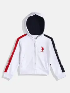 U.S. Polo Assn. Kids Boys White Hooded Pure Cotton Front-Open Sweatshirt
